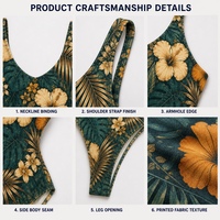 Traje de Baño de Una Pieza con Estampado Floral Tropical Verde, Marca Privada, Sin Aros, con Relleno Extraíble, Espalda Descubierta, Corte Alto, Venta al Por Mayor, MOQ Bajo, Directo de Fábrica