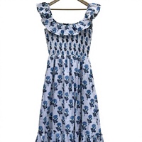 Robe smockée en velours côtelé blanc et bleu à motifs floraux, bretelles à volants, col carré, coupe droite, écologique, coupe trapèze, pour l'été, décontractée, usage quotidien