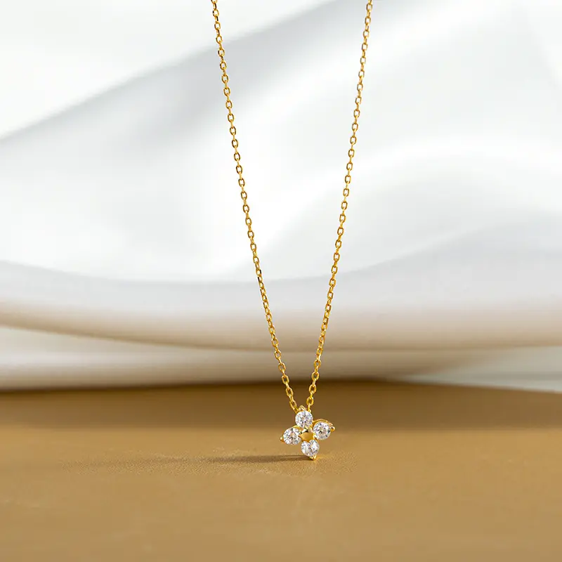 Trendy Jewelry 925 Sterling Silver Four-leaf Clover Zircon Pendant 14K Gold Plated Diamond Clover Necklace