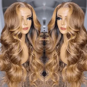 Curtain Bangs Ombre 4/27 Highlight Honey Blonde Body Wave Human Hair Glueless HD Lace Wigs,Wigs for Black Women Best-Selling