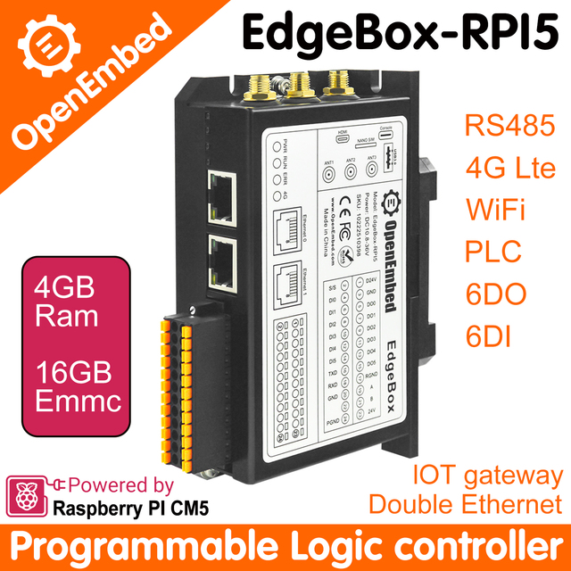 OpenEmbed Edgebox-RPI5 PLC PAC Dedicated Controller Custom Automation Industrial Linux Debian Ubuntu RS485 PLC Programming