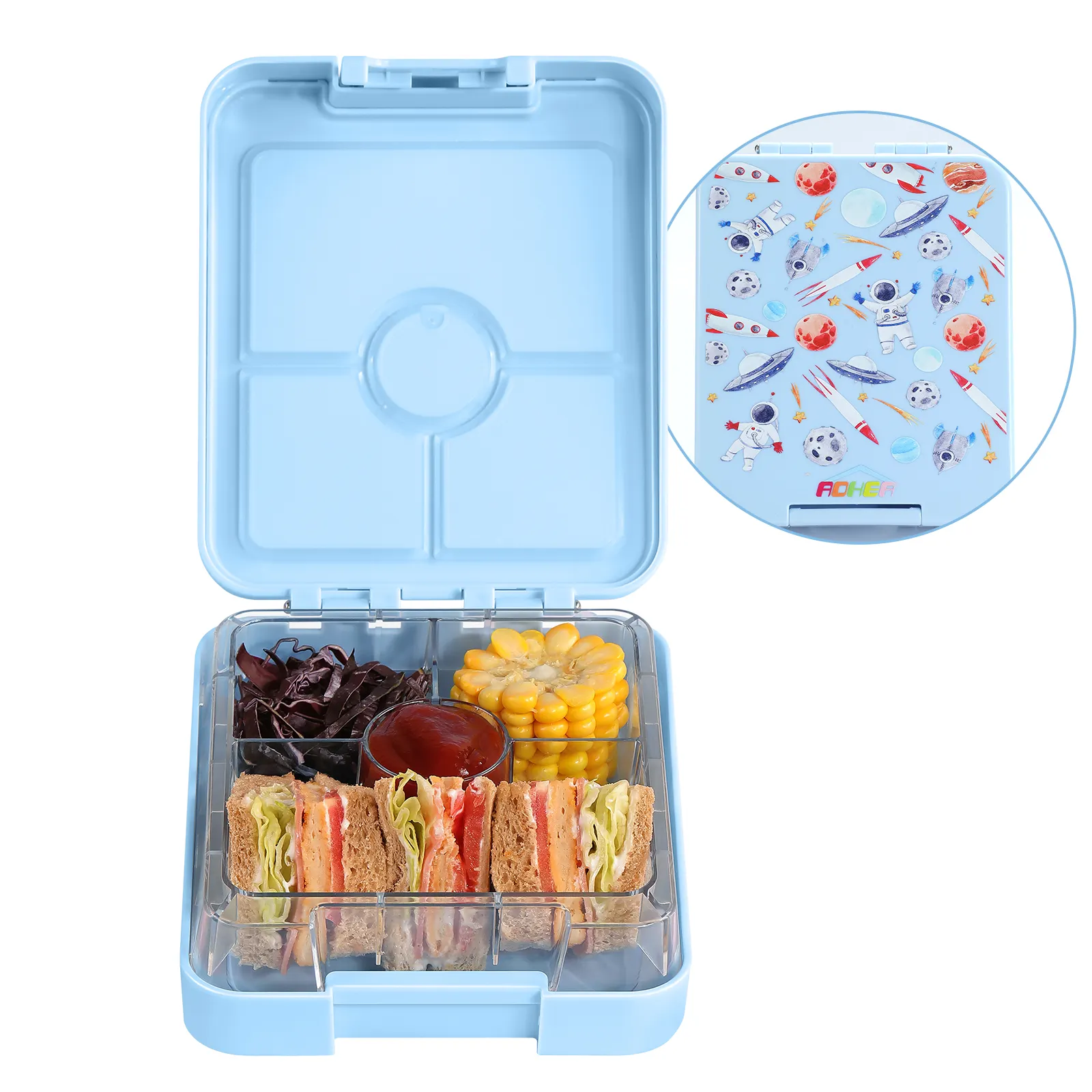 Fiambrera personalizada para niños, sin Bpa Material Tritan, contenedor de alimentos de 4 compartimentos, caja Bento a prueba de fugas