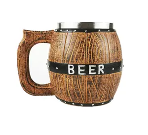 Germany Imitation Wooden Barrel Beer Mug 550ml Vacuum Classical Draft Beer Mug Resin Embossed Budweiser Mug