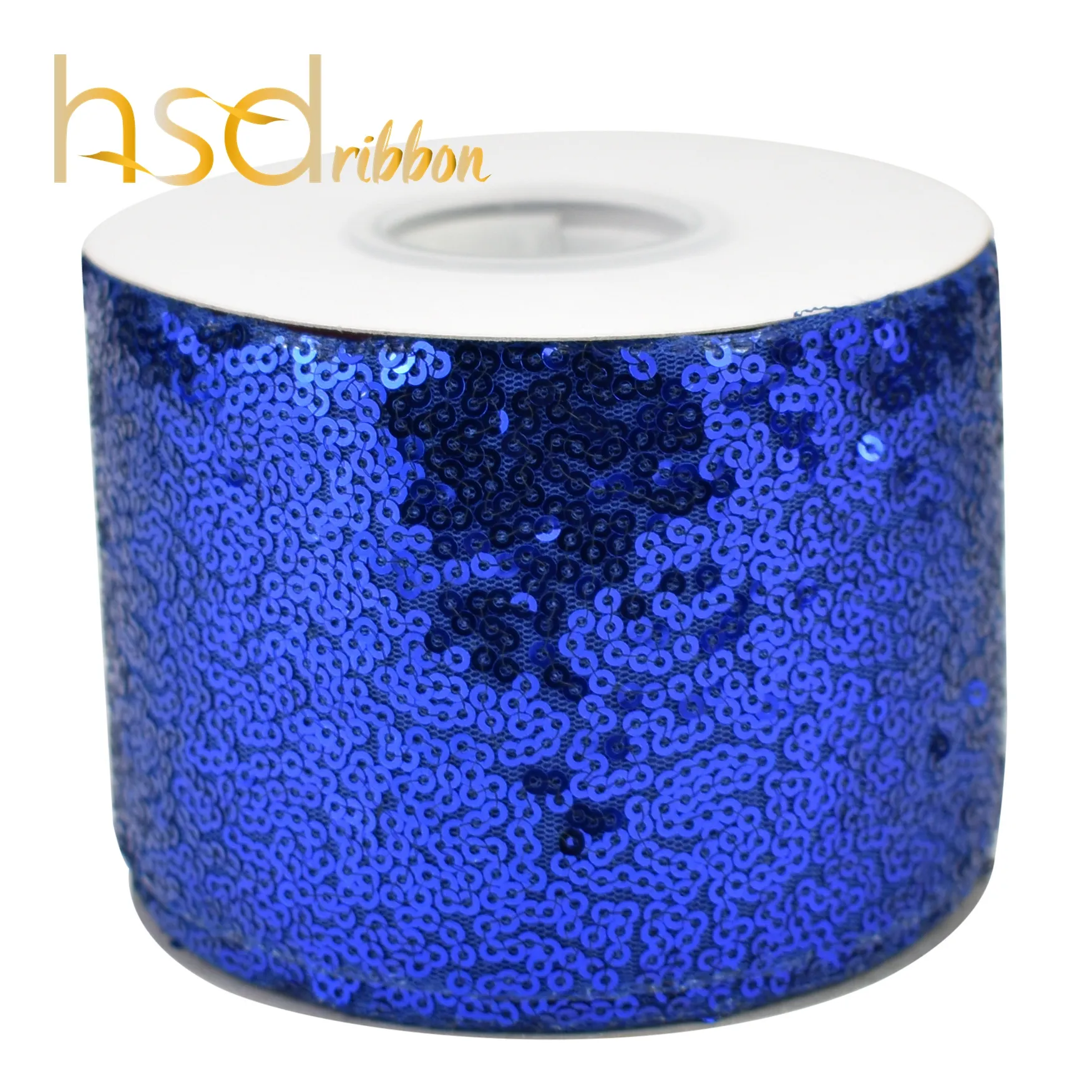 HSDRibbon卸売3インチ75ミリメートルダークブルーSequin Fabric Glitter Sequin Ribbon