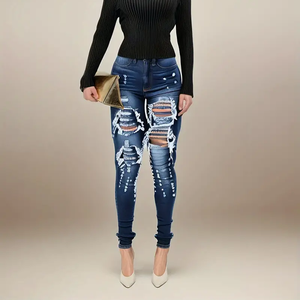 مقاس كبير سراويل نسائية عالية الجودة عالية الخصر بسط نحيف مموج ثقب الجينز خمر صنع في الصين - Product Image 1