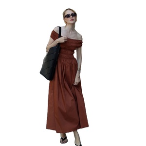 Vestido Midi Elegante Francés para Mujer, Sin Cuello, Manga Corta, Cintura Fruncida, Control de Abdomen, Ajustado, 100% Algodón Liso - Product Image 1