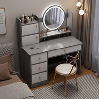 Ensemble de coiffeuse moderne de luxe en chêne avec miroir rond LED réglable et durables, et grands tiroirs pour bureau de maquillage de chambre