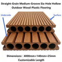 Planches de terrasse WPC creuses d'extérieur, à grain droit, rainures moyennes, 6 cavités, 140mmx25mm, étanches, antidérapantes, longueur personnalisée, pour jardin et extérieur