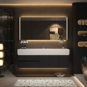 Modern <b>Wall</b>-Mounted Bathroom Cabinet with Integrated Hot-Bent Stone Slab Sink Smart Lighting and <b>Mirror</b> - Product Image 2