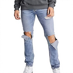 Jeans de Mezclilla Personalizados de Alta Calidad, Corte Regular, 100% Algodón, Transpirables, para Hombre, Lavado Desgastado, Estilo Urbano, Color Azul - Product Image 1