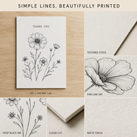 Cartes de vœux simples noires à motif floral botanique, impression personnalisée, dessin de fleurs sauvages, pour cadeau, insert de colis professionnel, carte de remerciement