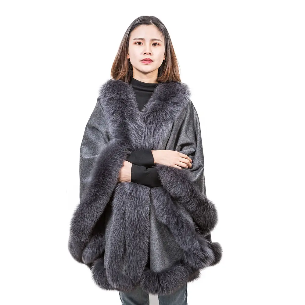 Scialle di lusso da donna in pelliccia di volpe con guarnizione in lana di agnello mongolo scialle in vero Cashmere lavorato a maglia invernale con bordo in pelliccia