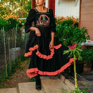 Custom Cotton 2-layer Pleated Skirt Features Ruffles Adjustable Waist with Two Ties <strong>Mexican</strong> Embroidery <strong>Dress</strong> - Product Image 1