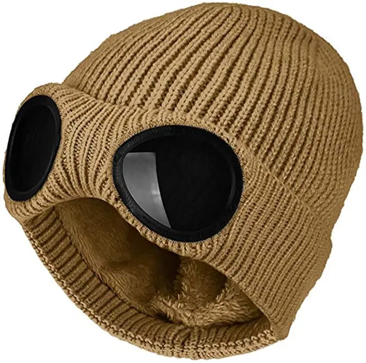 2022 new knit hats with sunglasses Unisex Goggle Knitted Beanie Hat Windproof Warm Winter Skull Cap W2185