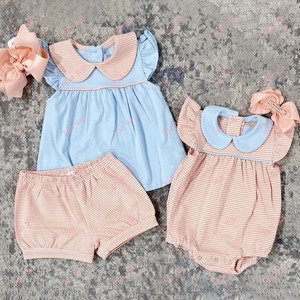 Completo Coordinato Fratello e Sorella: Pagliaccetto Neonato a Righe Color Pesca in Maglia di Cotone Estivo + Set Top e Pantaloncini per Bambine - Product Image 5