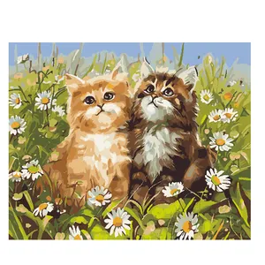 Oil Painting Two Kittens Leaning Against Each Other In The Flowers Picture Canvas Art Wall Art Decorative Painting On Canvas