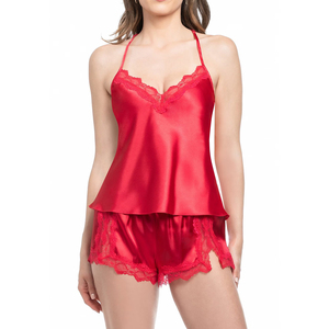 Conjunto de Lencería Sensual de Seda y Satén con Cuello en V para Mujer, con Tirantes Finos, Camiseta y Pantalones Cortos, Transpirable, Elegante y Lujoso - Product Image 1