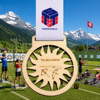 Médaille de tir sportif personnalisée en gros, en bois écologique gravé au laser, creuse, pour récompense de camp d'été pour jeunes en Suisse