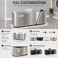 Comptoir de réception en acier inoxydable brossé avec éclairage LED encastré latéral, logo personnalisé en relief, comptoir de caisse pour bar, boutique tendance