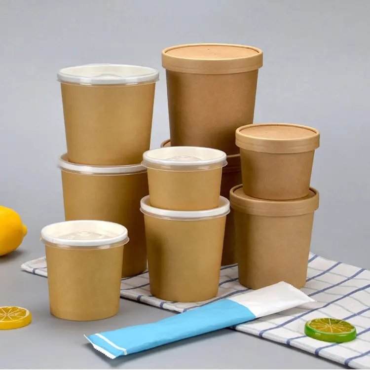 Bol à soupe à déjeuner en papier imprimé personnalisé jetable 26oz tasse à soupe bols à salade en papier kraft alimentaire avec couvercle