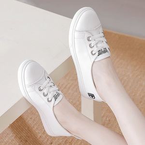 Zapatillas Blancas de Piel Vacuna para Mujer, Estilo Coreano, Versátiles, Casuales, con Elástico, Planas, para Verano - Product Image 4