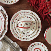 Ensemble de vaisselle en céramique de Noël rétro et coloré, assiettes rondes ondulées, bols et tasses à motifs botaniques pour les fêtes et les mariages