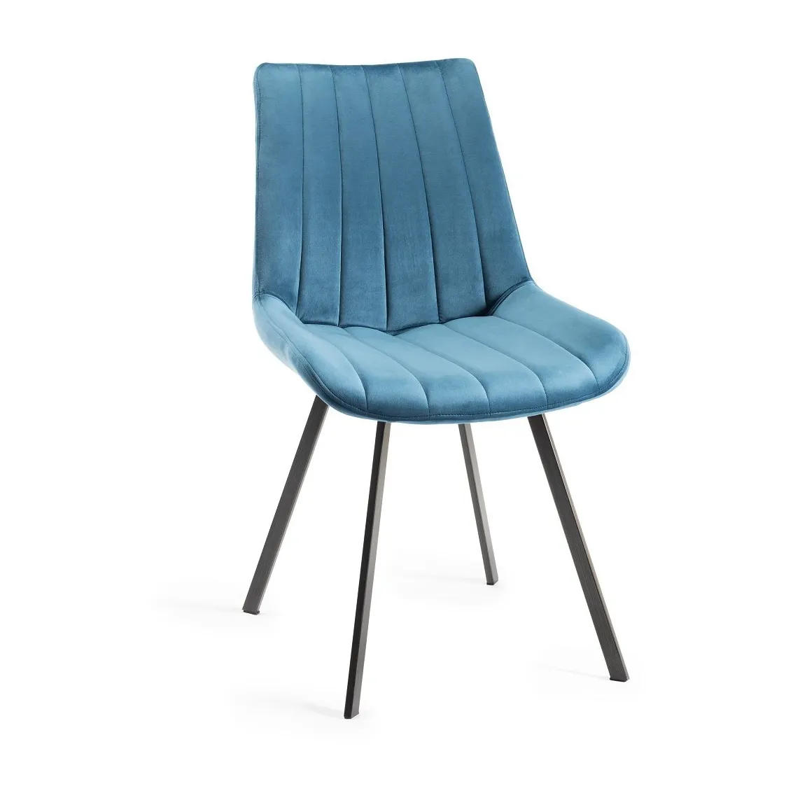 수락 사용자 정의 세로 줄무늬 재봉 덮개를 씌운 의자 라운지 의자 금속 다리와 블루 벨벳 식당 의자