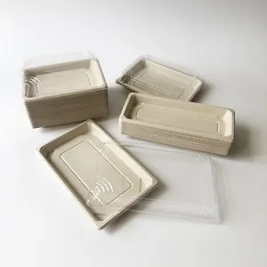 100% Biodegradable bagasse pulp sushi tray with PET lid disposable rectangle sushi tray with anti-fog lid