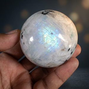 Natural Rainbow Moonstone Sphere Polished Crystal Ball Black Tourmaline Inclusions for Home Decor Meditation Inspirational - Product Image 1