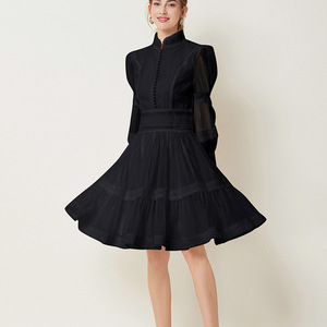 Jupe trapèze élégante haut de gamme pour femmes col montant manches lanterne française dentelle épissage maille Style décontracté pour la <span class=keywords><strong>saison</strong></span> de <span class=keywords><strong>printemps</strong></span> - Product Image 1
