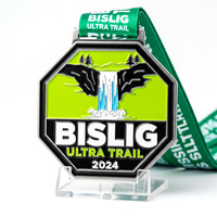 Gestanzte, versilberte achteckige Medaille mit Soft-Emaille und Wasserfall-Wald-Design für Ultra-Trail-Running-Events, UV-bedruckt, sportlich