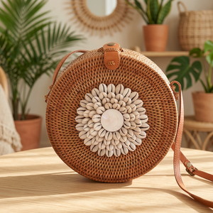 Handcrafted Rattan Bag Mother Pearl Pattern Natural Woven <b>String</b> Closure 1-1.9L Shoulder Strap for Fashion Daily Use Vietnam - Product Image 3