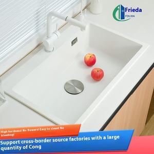 פרידה כיור מטבח יחיד מרובע אבן קוורץ לבן אבן אחד עיצוב דלפק התקנה כולל אגני גרניט ירקות - Product Image 5