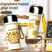 Gourde isotherme portable en acier inoxydable 316 pour enfants, motif capybara de dessin animé, avec paille double usage et isolation thermique de 6 à 12 heures, poignée intégrée