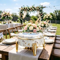 Plat à chafing rond en marbre blanc de 6 L avec système hydraulique pour mariages de luxe, buffets d'hôtel et équipement de maintien au chaud pour soupes et rôtis en restauration
