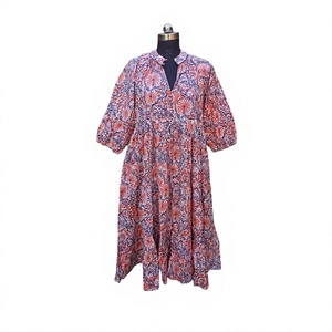 Trending 100% algodón Himanshi vestido de verano para mujer hermoso hecho a mano estampado Floral Midi vestido cómodo Casual fiesta Natural - Product Image 1