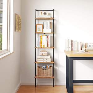 מדף סולם מודרני בן 5 קומות, מתכת, עץ, גבוה, פתוח, לתצוגה, לקיר, לבית, למשרד, לחדר שינה, לסלון, לעיצוב הבית - Product Image 4