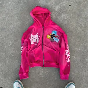 Giyim üreticileri ağır Streetwear boy asit yıkama güneş soluk Zip Up özel kapüşonlu üstler erkekler için