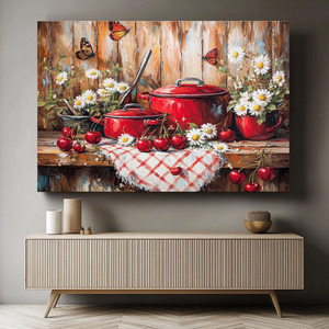 Lienzo de naturaleza muerta de cocina rústica con marco estirado, 1 unidad: Flores, cerezas y utensilios, ilustraciones impresas para decoración del hogar - Product Image 5