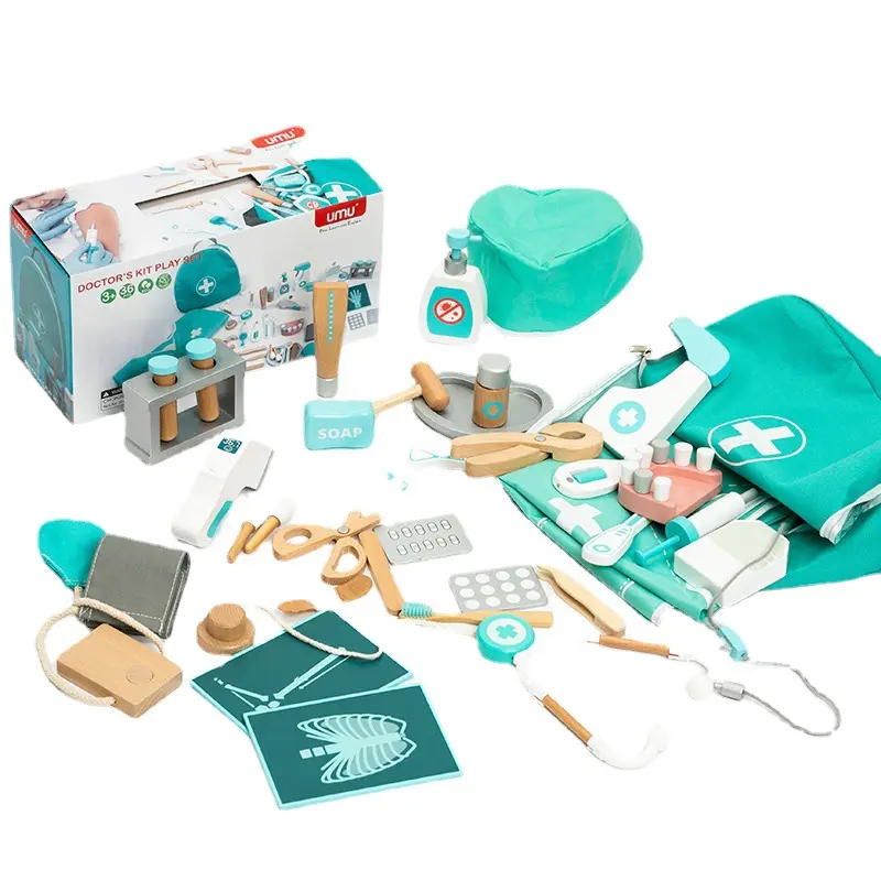 Kinder Holz Stoff Tasche Medizin Box Baby Boy Mädchen spielen Haus Arzt Injektion Spielzeug