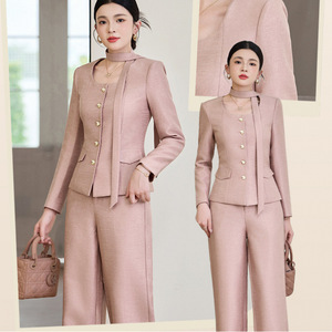 Women's Suit Set Full Sleeve Worsted Anti-Wrinkle Autumn Formal Workwear Trouser Suit Set Pink Apricot Black - Product Image 2