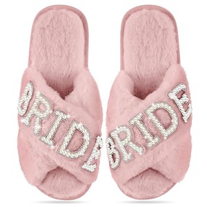 Wedding Plush Pearl <b>Bride</b>/Bridesmaid Cross Strap <b>Slippers</b>-Classic Elegant Gifts - Product Image 2