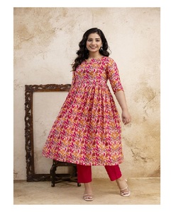 Kurta en coton cambre pour femme, col rond, fente en V, douce, respirante, tenue décontractée ethnique, élégante pour le quotidien, mode féminine - Product Image 1