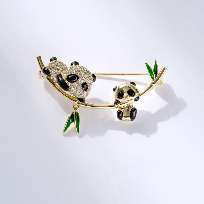 Cute Panda Breast Needle Creative Bamboo corsage Children's New Year Gift Pure handmade enamel painting 18K genuine gold