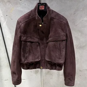 New Stylish <strong>Suede</strong> <strong>Jacket</strong> with Big Pockets Real Sheepskin <strong>Women</strong> <strong>Suede</strong> Bomber <strong>Jackets</strong> - Product Image 3