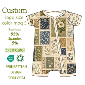 Combinaison pour petite fille tendance, imprimé patchwork floral, fibre de bambou, fermeture éclair YKK douce, body à fermeture éclair sur le devant - Product Image 1