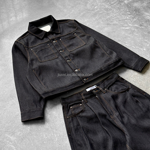 Ensemble de veste <span class=keywords><strong>en</strong></span> jean à jambes larges et boutons pour <span class=keywords><strong>homme</strong></span>, sur mesure OEM, fabricant de jeans 14OZ, survêtement vintage court pour <span class=keywords><strong>homme</strong></span> - Product Image 3