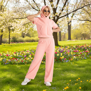 Conjunto Deportivo con Capucha para Mujer, Color Rosa, Manga Corta, Corte Holgado, Largo Completo, Color Sólido, Transpirable, Estilo Casual de Primavera - Product Image 2