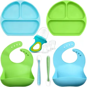 Wholesale Top Silicone Food Grade Feeding set baby 7 Pieces Sets with Baby food Feeder Spoon Plate And Bib
