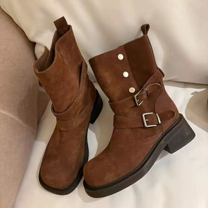 Brown Faux Suede Ankle Chelsea <b>Boots</b> Round Toe Buckle Strap Comfort Rubber Outsole Autumn Solid Color - Product Image 1